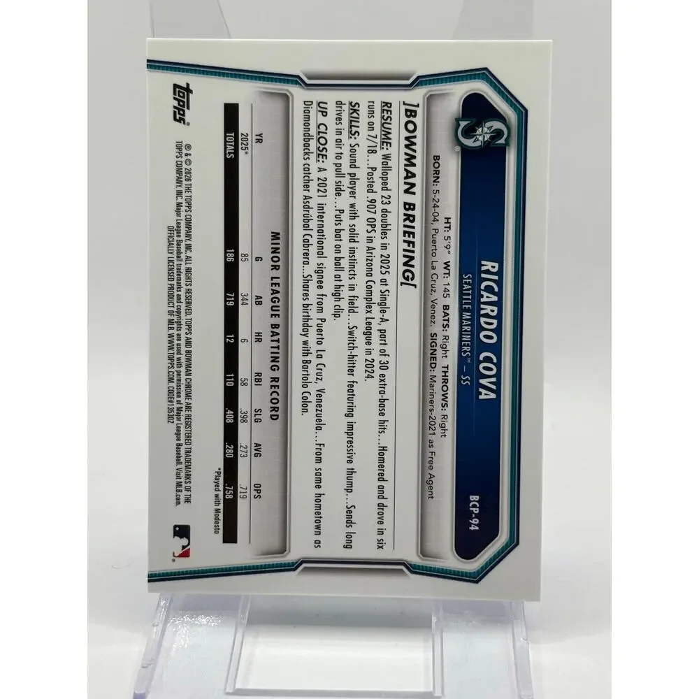 2026 Bowman Sapphire Ricardo Cova Chrome 1st Prospect Seattle Mariners